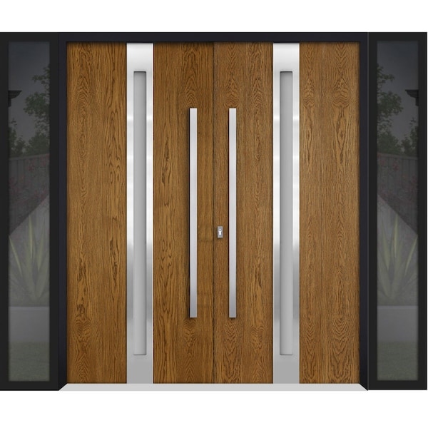 Vdomdoors Steel Double Doors Deux 1744 Natural Oak Sidelight Exterior Black Window Stainless Inserts Single M DEUX1744DEXD-OAKB-RH-W72+12 x H80 - main