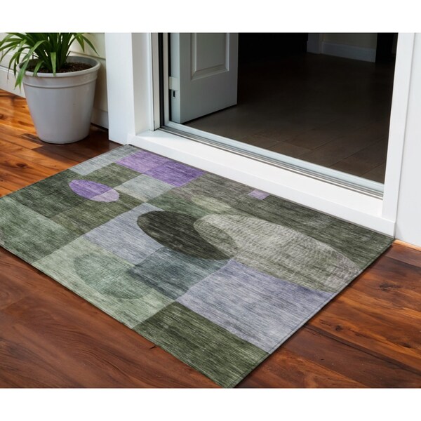 Homeroots 3' X 5' Olive Green Charcoal And Purple Geometric Washable Indoor Outdoor Area Rug 604336 - main
