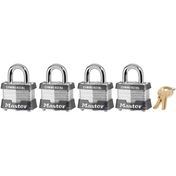 Master Lock Padlocks, Keyed Alike, Standard Shackle, Rectangular Steel Body, Steel Shackle, 5/8 in W, 4 PK 3QCOM - main