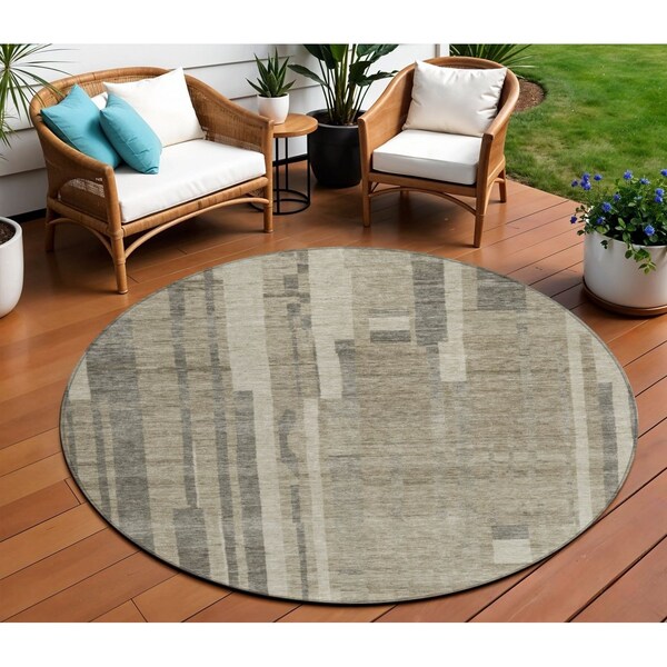 Homeroots 8' Taupe And Dark Gray Round Striped Washable Indoor Outdoor Area Rug 602817 - main
