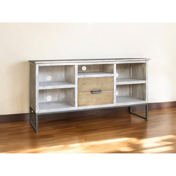 Homeroots 70" Light Gray Solid Wood Open shelving Distressed TV Stand 528737 - main