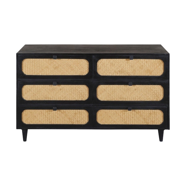 Homeroots 56" Black And Natural Solid Wood And Rattan Six Drawer Double Dresser 564522 - main