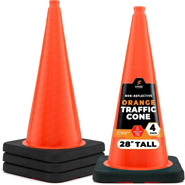 Xpose Safety Traffic Safety Cone, 28 in, PVC Plastic, 10 lb Weighted Base, DOT Approved, Orange, 4 pk OTC28-10L-4-X-S - main