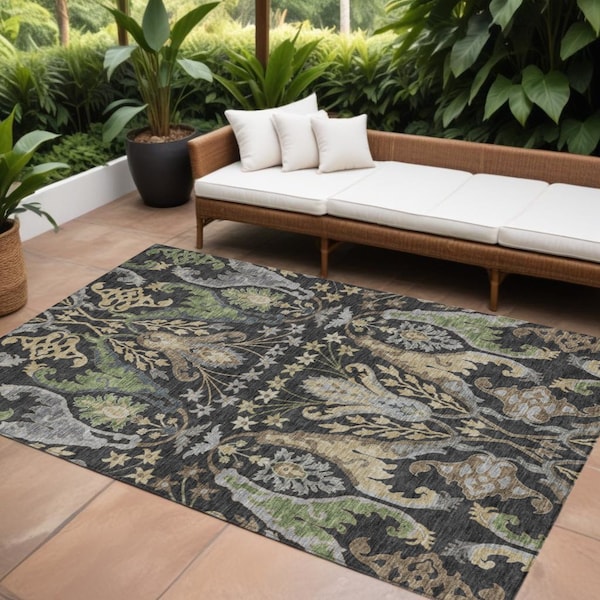 Homeroots 10' X 14' Black Green And Brown Floral Washable Indoor Outdoor Area Rug 605276 - main