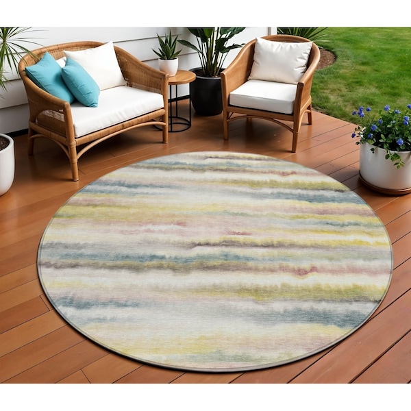 Homeroots 8' Gold Gray And Ivory Round Striped Washable Indoor Outdoor Area Rug 631409 - main
