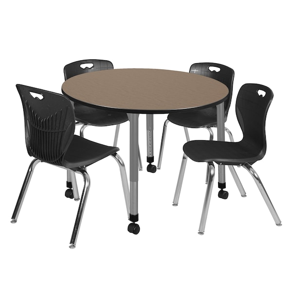 Regency Round Kee Mobile Adjustable Classroom Table W/ 4 Andy Chairs, 48 in W, 48 in L, Noble Oak TB48RNDNOAPCGY40BK - main