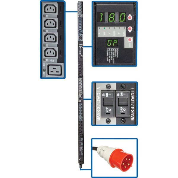 Tripp Lite PDU, Switched, (24) C13, (6) C19, IEC-309 30A RED (3P+N+E), 6 ft. PDU3XVSR6G30B - main