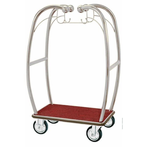 Aarco Curved Bellman's Luggage Cart, All Welded Construction, Chrome Finish, 6 in Pneumatic Wheels, Red Carpet Bed and Bumper Guards, 47.25 in L x 25.5 in W x 73 in H BEL-101C - main