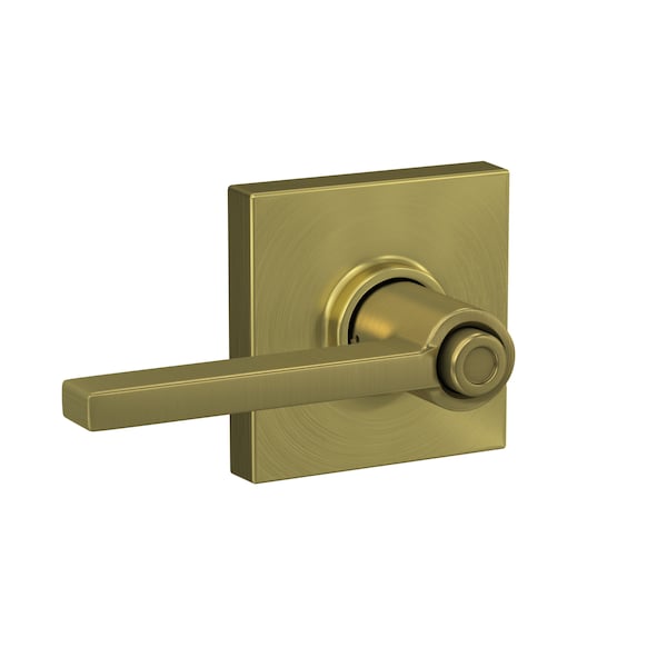 Schlage Residential Latitude Lever with Collins Rose Privacy Lock with 16080 Latch and 10027 Strike Satin Brass Finish F40LAT608COL - main