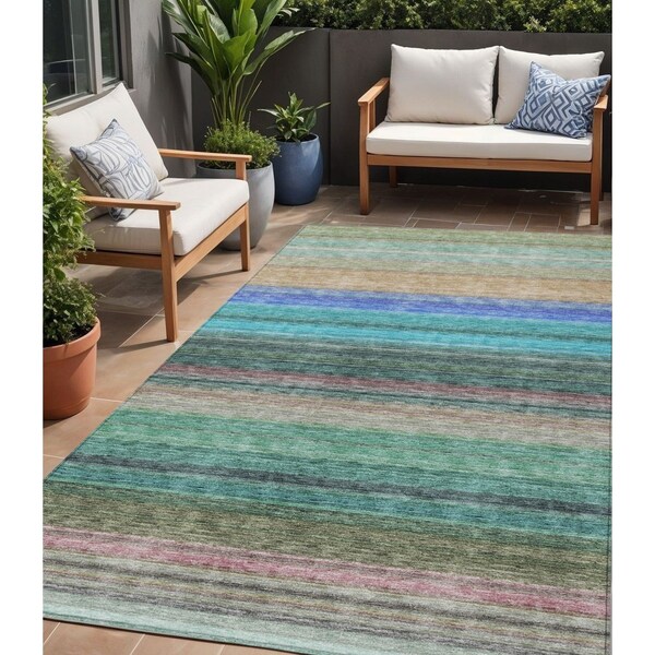 Homeroots 5' X 8' Sage Teal Blue And Tan Striped Washable Indoor Outdoor Area Rug 614828 - main