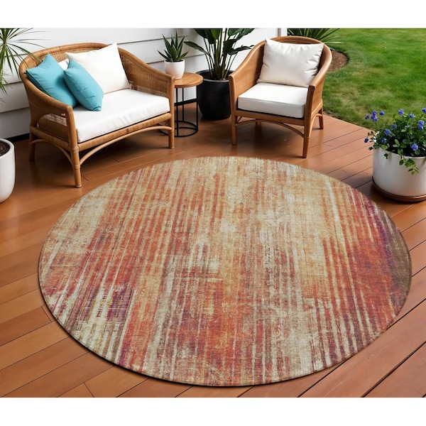 Homeroots 8' Orange Beige And Taupe Round Striped Washable Indoor Outdoor Area Rug 577261 - main