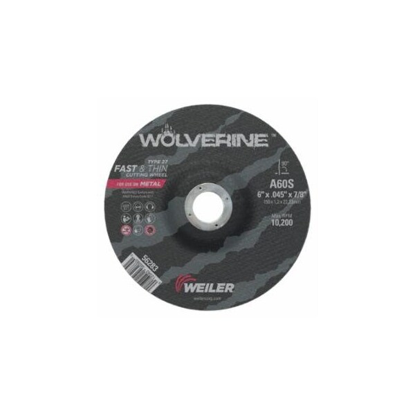 Weiler Wolverine Cutting Wheel, WA60S, 6 in dia, 0.045 in Thick, 7/8 in AH, 60 Grit, Type 27 804-56283 - main