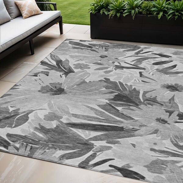 Homeroots 5' X 8' Gray And Charcoal Floral Washable Indoor Outdoor Area Rug 610981 - main
