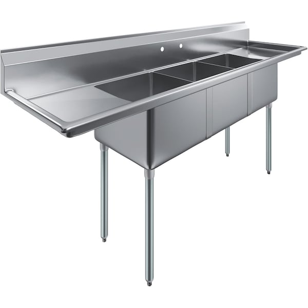 Amgood 90 in. x 23.5 in. Stainless Steel Three Compartment Sink with 18 in. x 18 in. Bowls and Left and Right Drainboards SINK S3C-181812-18LR-NF-Z - main