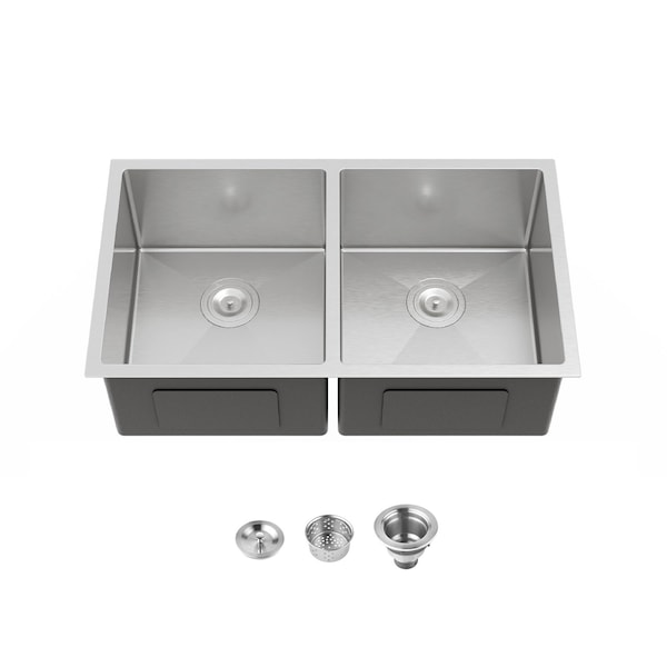 Wrightmaster 33 in. Undermount Double Bowl 20 Gauge Silver Stainless Steel Kitchen Sink with Drain ZOR-08D-331908 - main