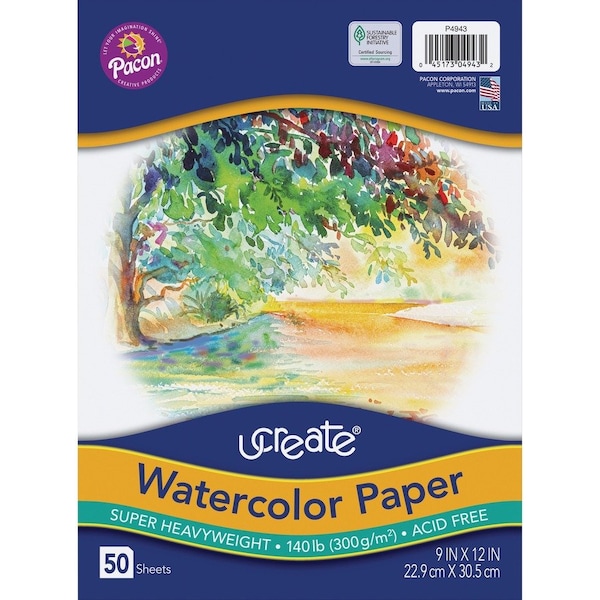 Ucreate Watercolor Paper, White, 140 lb., 9in. x 12in., 100PK P4943 - main