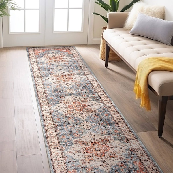 World Rug Gallery Traditional Distressed Washable Non Slip Runner Rug 2 ft x 6 ft Multi WR65MULTI2X6 - main