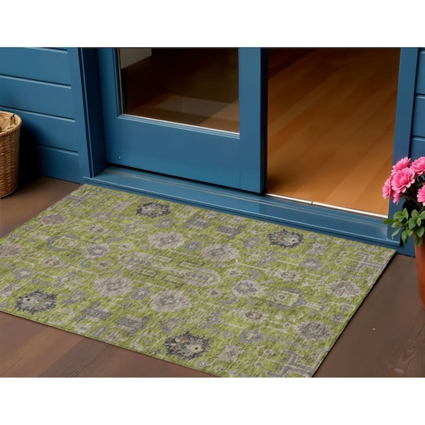 Homeroots 3' X 5' Olive Green Gray And Charcoal Oriental Washable Indoor Outdoor Area Rug 582104 - main
