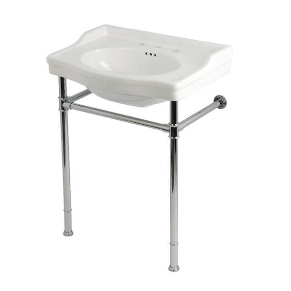 Kingston Brass 30" Ceramic Console Sink with Stainless Steel Legs, 8-Inch, 3-Hole, White/Polished Chrome KVPB30229W81 - main