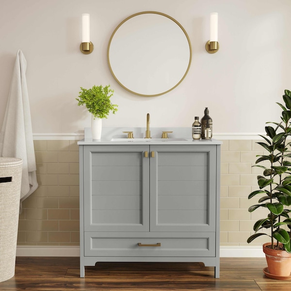 Flash Furniture Haven 36in. Vanity w/Sink, Storage Cabinet w/Gold Hardware, Bottom Drawer, Marble Countertop, Gry FS-BN-4-36-KD-GY-HDGLD-GG - main