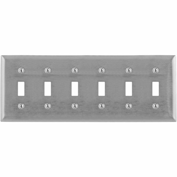 Hubbell Wiring Device-Kellems Wallplates and Boxes, Metallic Plates, 6- Gang, 6) Toggle Openings, Standard Size, Stainless Steel SS6 - main