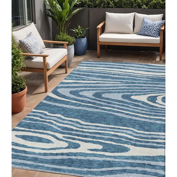 Homeroots 5' X 8' Navy Blue Denim Blue And Ivory Faux Bois Washable Indoor Outdoor Area Rug 614492 - main