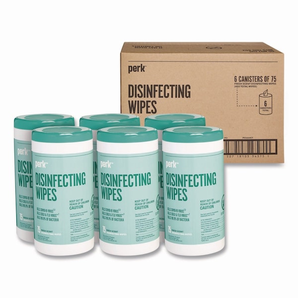 Perk Disinfecting Wipes, 7 x 8, Fresh, White, 75 Wipes/Canister, 6PK PK56664CT - main