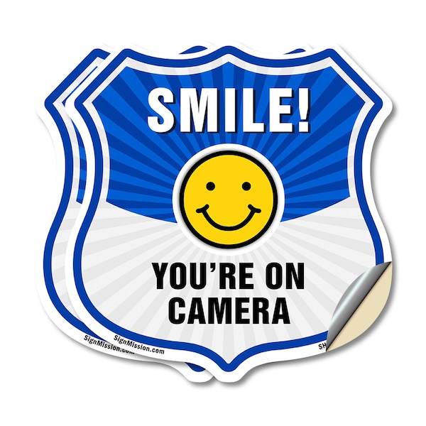 Signmission Smile You're On Camera Shield Sign Smile, 12 inch X 12 inch, Vinyl Decal, 2PK SHI-D-2PACK-12-463 - main