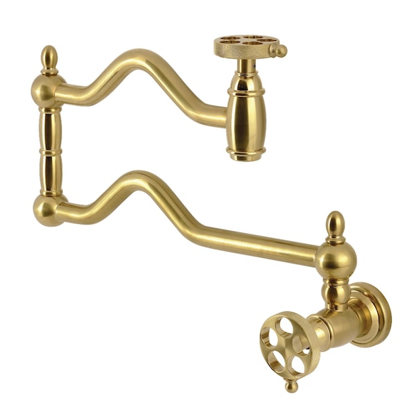 Kingston Brass Wall Mount Pot Filler Faucet with Knurled Handle, Brushed Brass KS2107RKZ - main
