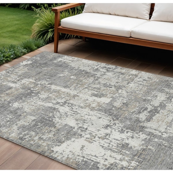 Homeroots 8' X 10' Gray And Ivory Abstract Washable Indoor Outdoor Area Rug 597971 - main