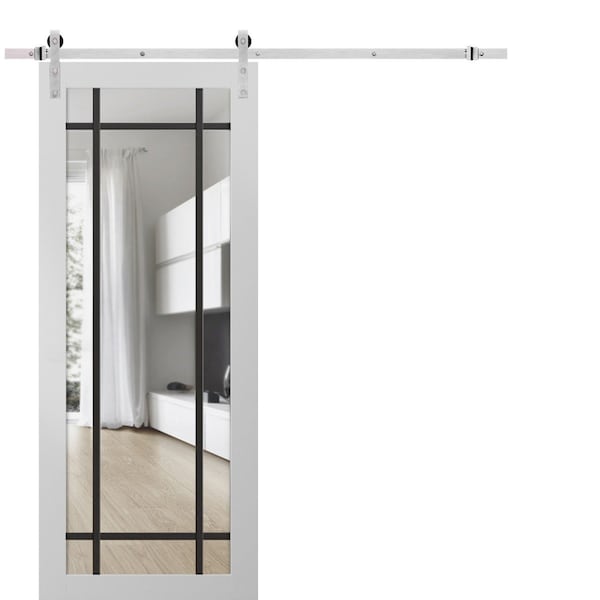 Sartodoors Sturdy Barn Door Clear Tempered Glass, Lucia 2266 White Silk and Aluminum Strips, 6.6FT Silver Rai LUCIA2266BD-S-WS-24 x 96 - main