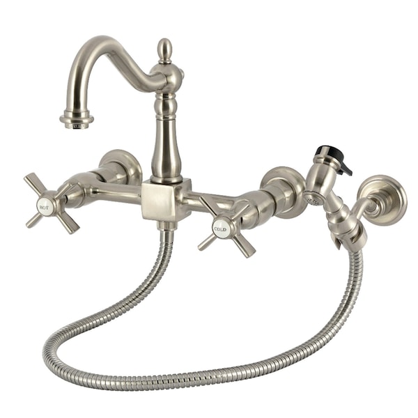 Kingston Brass Two-Handle Wall Mount Bridge Kitchen Faucet with Brass Sprayer, Brushed Nickel KS1268ZXBS - main