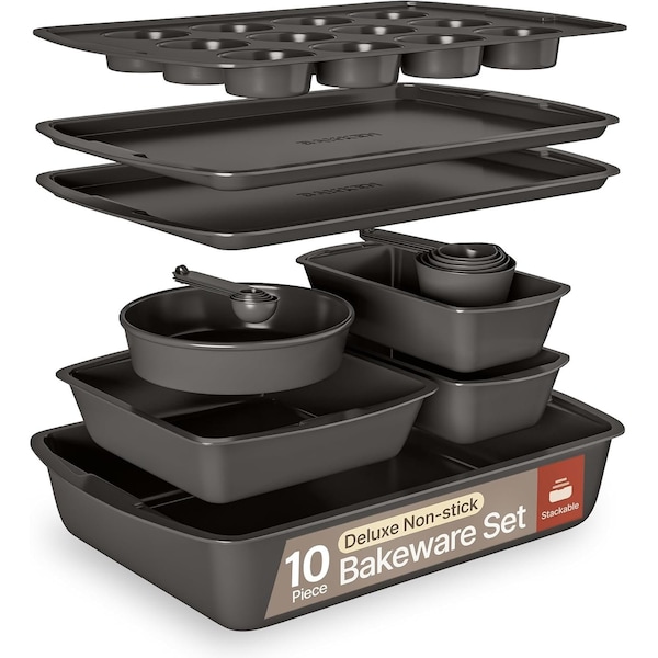 Bakken- Swiss Gray 10-Piece Nonstick Bakeware Set, Carbon Steel, Stackable, Dishwasher and Oven Safe to 450 DegF BKWAV10GRY - main
