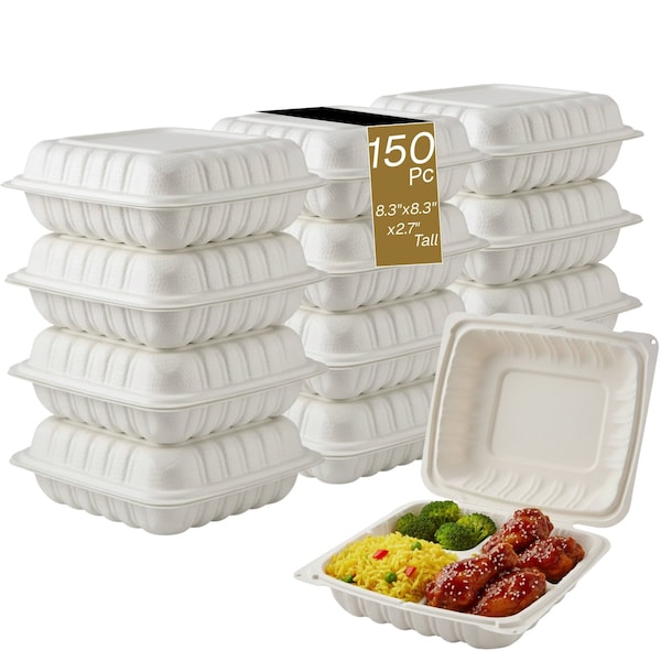 Eco Harmony Products Clamshell Hinged Food Storage Container, MFPP, Corner Lock, 3 compartments, 8.3" x 8.3", 150PK 804591 - main