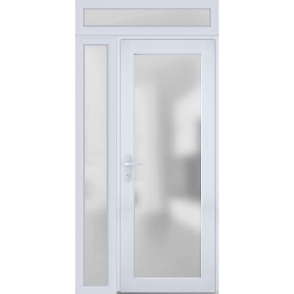 Vdomdoors Front Exterior Prehung FiberGlass Door Frosted Glass / Manux 8102 White Silk / Sidelight and Transo MANUX8102EXD-WS-W36+12 x H80+14-RH - main