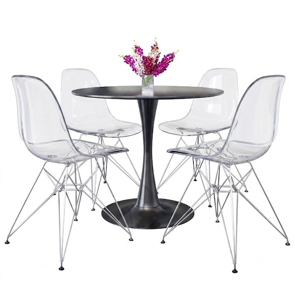 Leisuremod Bristol 5-Piece Modern Dining Set: Round MDF Table & 4 Eiffel Plastic Chairs with Chrome Legs, 5PK BTBL-35BL-CR19CL4 - main