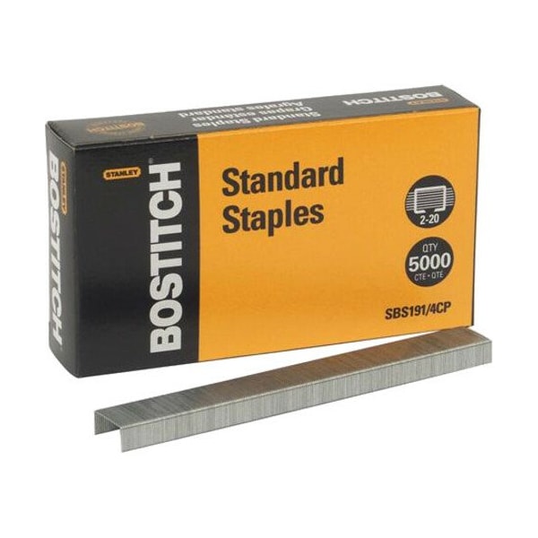 Bostitch Stanley Bostitch Standard Staples, 20 Sheet Capacity, 1/4" Leg Length, 210 Per Strip, 5000/Box SBS1914CP - main