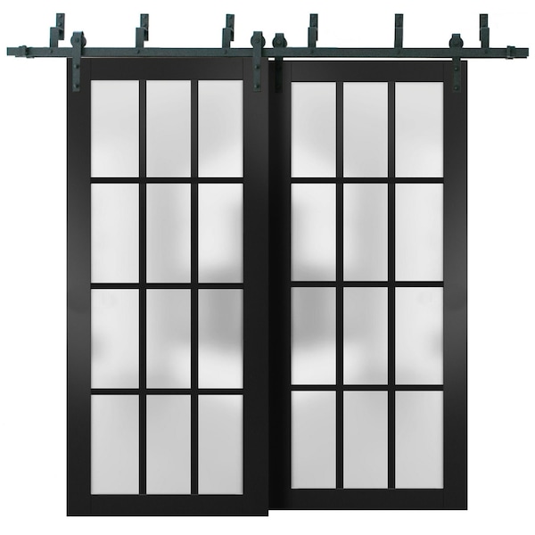 Sartodoors Sliding Closet 12 Lites Frosted Glass Barn Bypass Doors, Felicia 3312 Matte Black, Sturdy 6.6ft Ra FELICIA3312BBB-BLK-6084 - main