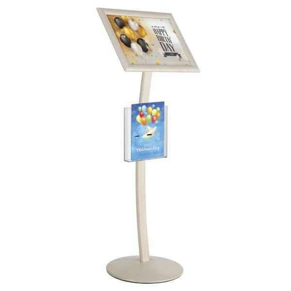 M&T Displays White Pearlic 11 x 17 Inch Pedestal Sign Holder w Clear Brochure Holder Menu Board Floor Standing UCUMB21517X9002 - main