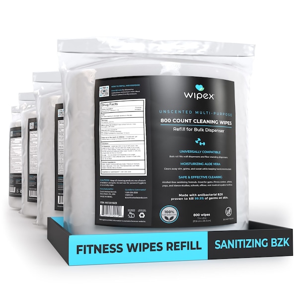 Wipex Plastic-Free Sanitizing Wipes 800ct Refills, 3200 Antibacterial Hand Wipes for Gym & Fitness, 4PK WX72303BZR-4 - main