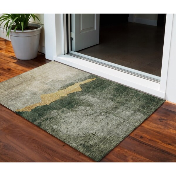 Homeroots 3' X 5' Fern Green Gold And Gray Abstract Washable Indoor Outdoor Area Rug 603005 - main