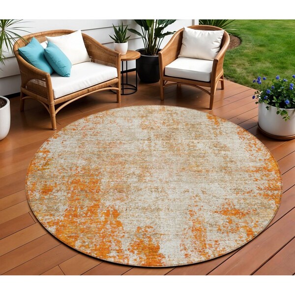Homeroots 8' Orange And Ivory Round Abstract Washable Indoor Outdoor Area Rug 612342 - main