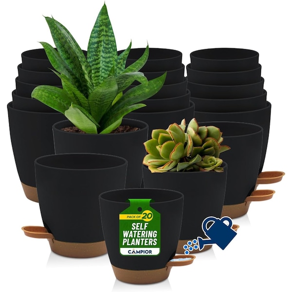 Campior Black Self Watering Pots, Indoor and Outdoor Plant Pots with Wick Rope and Drainage Holes, 20PK CAMPPLTBK94 - main