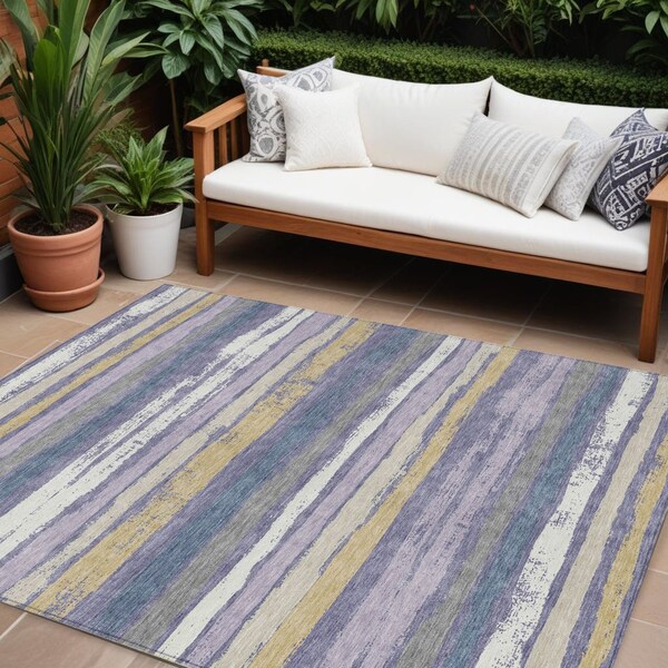 Homeroots 9' X 12' Purple Ivory And Beige Striped Washable Indoor Outdoor Area Rug 598924 - main