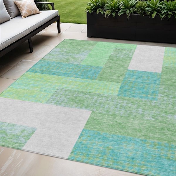Homeroots 5' X 8' Sage Mint Green Teal Blue And Ivory Geometric Washable Indoor Outdoor Area Rug 612383 - main
