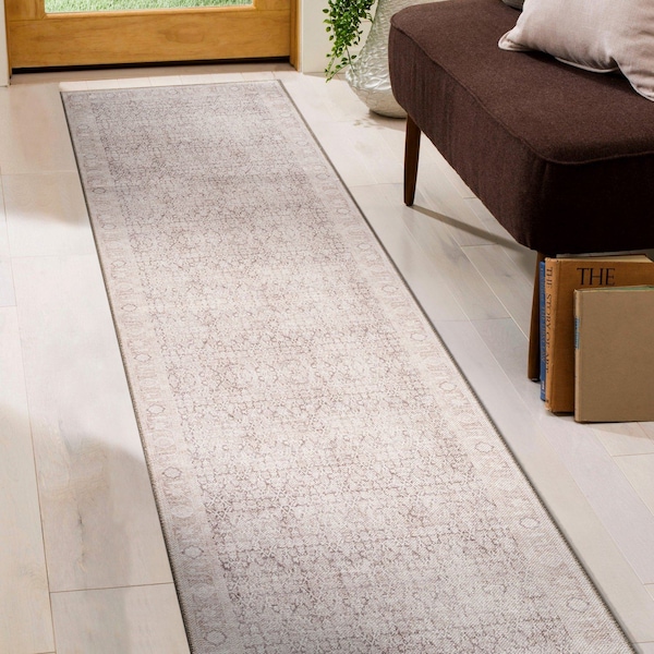 World Rug Gallery Beige Vintage Washable Rug - Low Pile, Subtle Pattern for Neutral Spaces 2 ft 6 in x 6 ft Runner WR173BEIGE26X6 - main