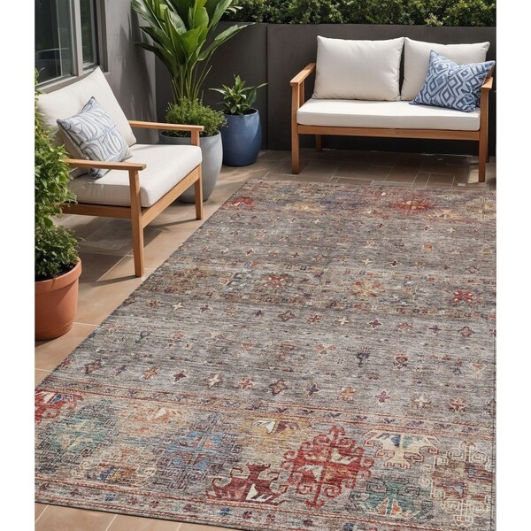 Homeroots 5' X 8' Gray Tan And Terra Cotta Floral Washable Indoor Outdoor Area Rug 606201 - main