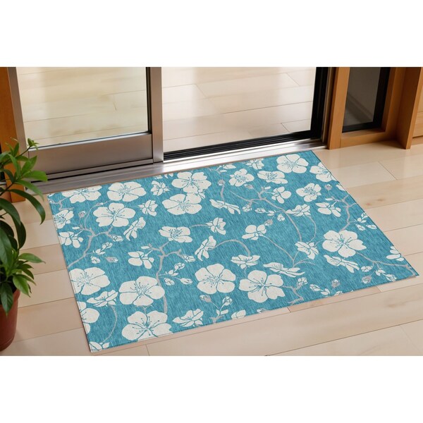 Homeroots 3' X 5' Turquoise Ivory And Gray Floral Washable Indoor Outdoor Area Rug 599928 - main