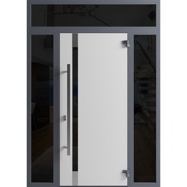 Vdomdoors Front Exterior Prehung Steel Door Ronex1011 Grey 2 Sidelight and Transom Window Sidelite Stainless RONEX1011EXD-GRE-W12+36+12 X H80+16-LH-I - main