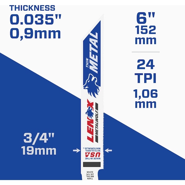 Lenox Reciprocating Saw Blade, Multi-Wolf, Wave Edge, 6 in, 24 TPI, Thin Metal 20569S624R - main